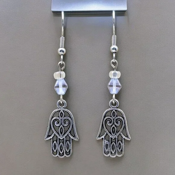 Handmade Hamsa Earrings with Blue Crystal - Picture 1 of 4